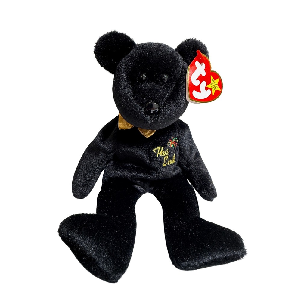 Ty Beanie Baby The End Black Bear Gold Bow Tie Collectible Plush Toy 1999